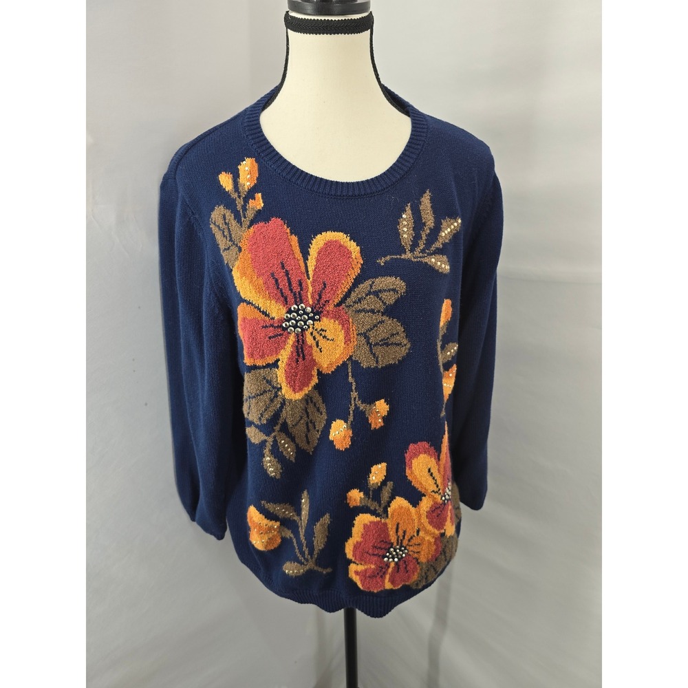 Alfred Dunner Navy Floral Knit Sweater Studded Accents Crew Neck Size M